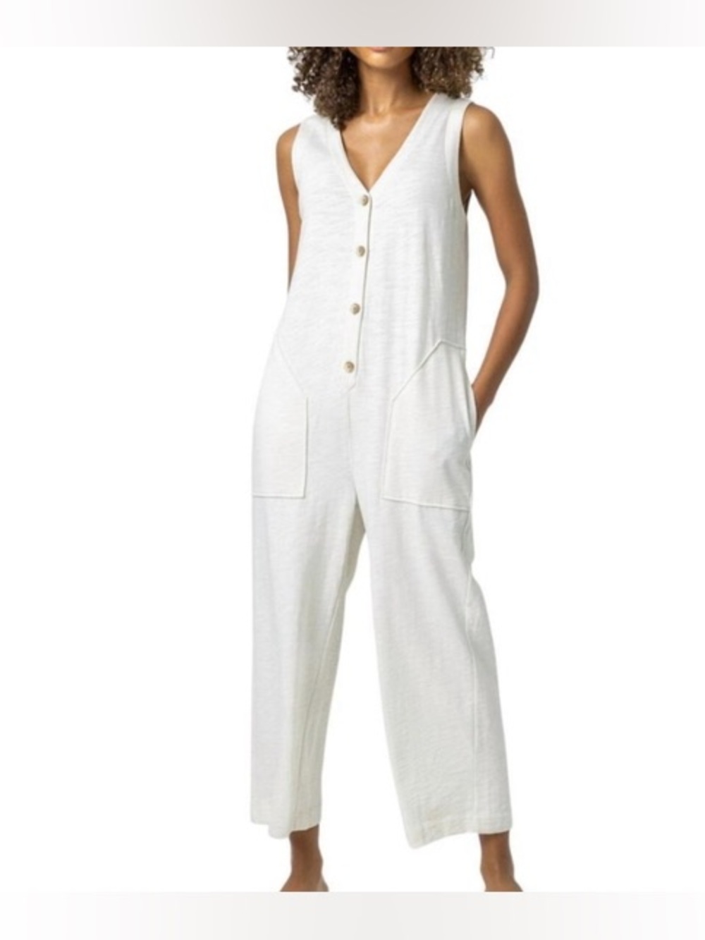 Lilla P Sleeveless Cotton Jumpsuit Cream Button Front Size XS 1105